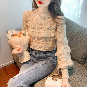 WANGGONGZHU | Elegant Lace Base Shirt Womens Long Sleeve Overhead Spring Fashionable Shirt Princess Style Round Neck Straight Cut Top
