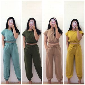 NANDO SET CEL JOGGER PANTS CASUAL BAHAN KATUN PREMIUM SUPER HALUS SPORT LENGAN PENDEK CELANA PANJANG JOGGER WANITA 1997