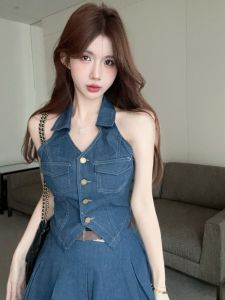 GUZILIAN | Retro American Hot Girl V-neck Hanging Neck Waist Slimming Denim Top A-line High Waist Pleated Mini Skirt Two-piece Set