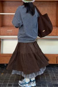 กระโปรงทรงเอผ้าคอร์ดูรอยสองชั้นสีน้ำตาลสไตล์ญี่ปุ่น กระโปรงทรงเค้กหนัก กระโปรงทรงเอเอวสูง กระโปรงทรงเอยาวปานกลาง