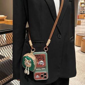 Cute Cat And Mouse Phone Case for  16Promax Full Cover Anti-Fall Creative Fun Personality Silicone Wallet with Lanyard