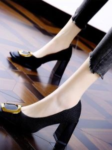 Square Toe High Heels Womens Metal Buckle Outdoor Work Shoes Autumn New Style Color Block Elegant Comfortable Chunky Heel