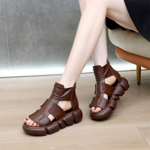 Genuine Leather High-Cut Sandals Womens 2023 Summer New Arrival Retro Hollow-out Sandal Boots Bag Heel Open Toe Platform Shoes Thick Sole Roman Shoes