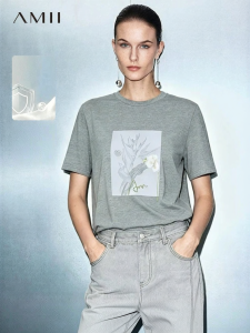 AMII | Relief Floral Print Letter Embroidery Stretch Cotton T-Shirt