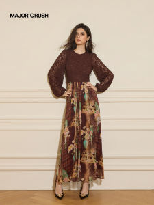 Vintage Amber Tea Lace Print Elegant Dress