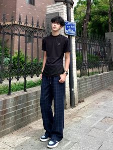 ZHUOCAN | Quần Hè Nhẹ Vintage Xanh Kẻ Caro Lụa Băng Nhanh Khô