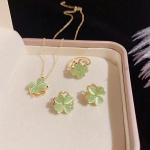 Green Cats Eye Stone Rotatable Earrings Set Luxury Ring Necklace Ensemble for Women Korean Style Alloy Jewelry