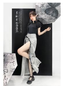 New Original Chinese Style Grey Denim Mini Dress Womens Summer Natural Waist Long Skirt Pure Color Y2K Spicy Girl Trendy