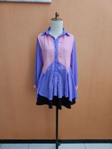 atasan kemeja wanita pink ungu muda M cewek lengan panjang sifon cute