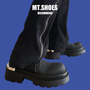 รองเท้าเดบิวคาร์บอนดำแบบหนังแท้สำหรับผู้ชาย พื้นหนา ส้นสูง 7 ซม. ทรงหัวมน พื้นยาง รองเท้าลำลอง