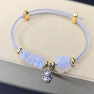 Vòng cáp ngũ điếu cỏ 4 lá Mặt Trăng Moonstone mix charm treo mèo thần tài bạc cao cấp 925 - Phong Thuỷ TUDO