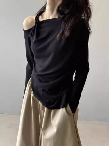 Slim Fit Long Sleeve T-Shirt Women Spring Autumn Shoulder Bared Korean Style Commute Casual Cotton Blend Base Layer Shirt
