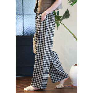 Color Woven Full Linen Black White Plaid Straight Leg Wide Leg Pants Elastic Waist Banana Pants Retro Loose Grid Long Pants