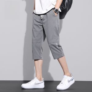 ROMON | Romon Mens Seven-Foot Pants Summer Thin Fashion Loose Straight Tube Workwear Ice Silk Sports Casual Mid-Pants