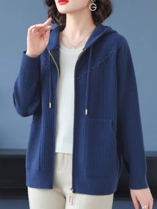 เสื้อคาร์ดิแกนถักขนสัตว์คอตตอนผสมขนแกะแขนยาวหลวมๆ สีพื้นสำหรับผู้หญิง เสื้อคลุมกันหนาวแบบสวมหัว ทรงหลวม ปกติ