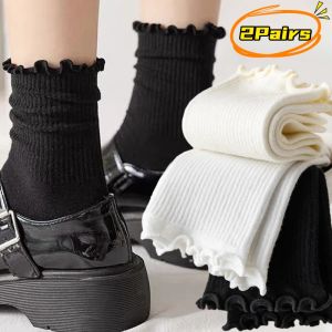 2Pairs Cotton Ruffles Ankle Socks Women Lolita Cute Kawaii Korean Stocking Girl Spring Black White Middle Tube Japanese Socks