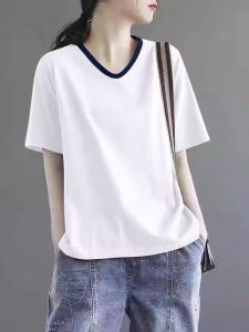 Summer 2025 Womens Cotton V-Neck Short Sleeve T-Shirt plus Size Color Block Slimming Versatile Casual Korean Style Top