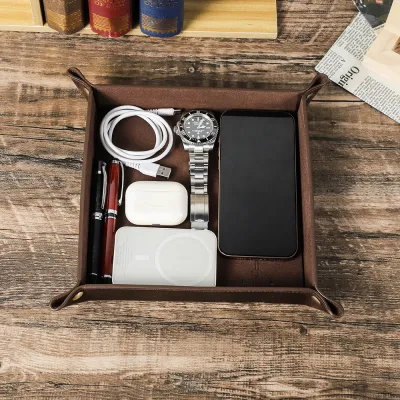 CONTACTS FAMILY Leather Valet Tray with Wireless Charging for Phone Key Coin Pen Desktop Storage Sundries Case Box Ornaments