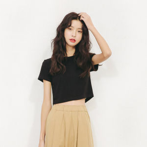 Short Tops Womens Summer High Waist Small Silm Thin Basic Shirt Inner Wear Pure Cotton Black Shoulder Short Sleeve T-Shirt