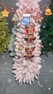 Sincecu Elegant Pink Flocked PVC Christmas Tree 5-8FT with Metal Base for All-Weather Home & Party Decor Pink Flocked Slim Xmas Tree 5-8FT - All-Weather PVC with Metal Base for Home/Hotel/Party
