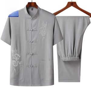 ROMON | Romon Casual Short Sleeve Summer Set Loose Fit Lightweight Embroidered Dad Clothes Trendy Chinese Style Polyester Fiber 100%