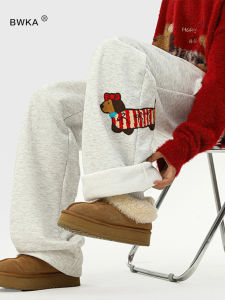 กางเกงขายาวทรงตรงหนาแบบสวมลำลองสำหรับผู้หญิงในฤดูหนาว กางเกงขายาวทรงหลวมแบบหนาและอบอุ่นพร้อมผ้าขนแกะสำหรับฤดูหนาวจากแบรนด์ BWKA