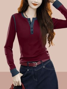 Color Block Long Sleeve T-Shirt Womens Slim Fit Button Design Autumn New Style plus Size Fashionable Casual Korean Style Top