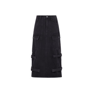 American Retro Workwear Straight Leg Denim Skirt High Waist Cotton Blend Mid-Length A-Line Silhouette Classic Solid Color