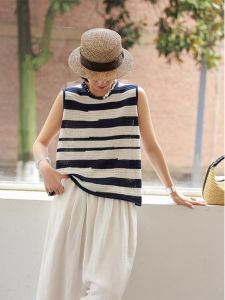 Yachurah Womens Ice Silk Linen Striped Knit Vest Lightweight Sleeveless Pullover Crewneck Top for Summer Loose Fit Outerwear