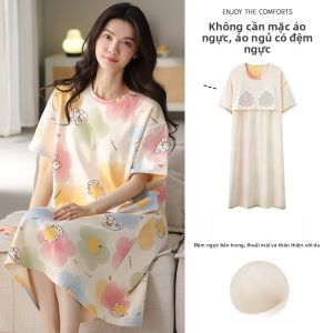 MiiOW | Pure Cotton Nightgown Womens Summer Lightweight Short Sleeve Dress Home Clothes Breathable Sensation With Chest Pad