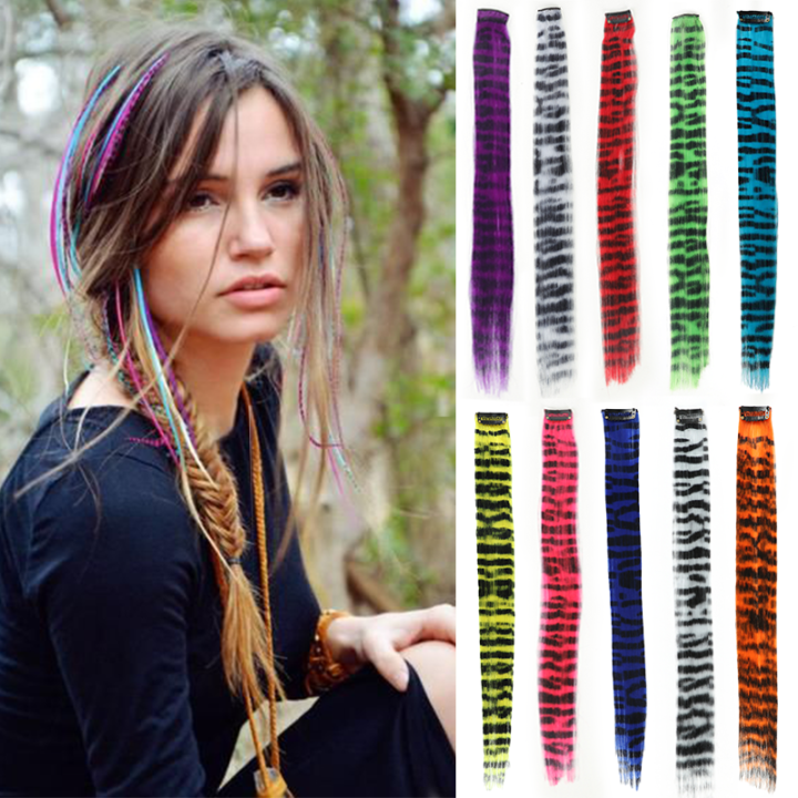 Synthetic Hair Extension 18 Inch Colorful Clip-In Hair Extensions Leopard Print Hairpiece For Women Girls Party Daily Use
