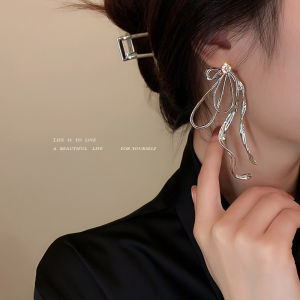 Silver Needle Embedded Diamond Butterfly Knot Earrings Creative Metal Cold Tone Fashionable Drop Earrings Jewelry Accessories
