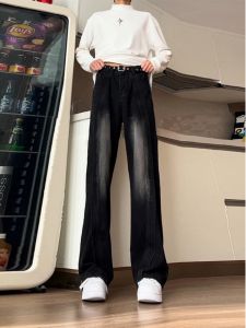 กางเกงยีนส์ทรงตรงเอวกลางสำหรับผู้ชาย สไตล์ย้อนยุค สีดำและเทา กางเกงขายาวทรงหลวมสบายๆ ฤดูใบไม้ร่วงปี 2024