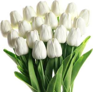 10Pcs PU Fake Tulips Real Touch Artificial Flowers White Flower Arrangement Bouquet for Home Office Wedding Decoration