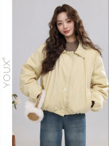 YOUXIANG | Áo Khoác Lông Vũ Màu Vàng Ấm Áp Mùa Đông Kiểu Cổ Đô La Phong Cách Vintage