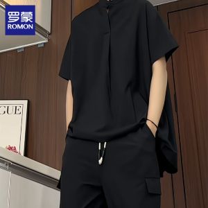 Loose Fit Ice Silk Short Sleeve Shirt Mens Summer Thin Style Pull over Black Shirt New Chinese Style Youth Casual Fashion
