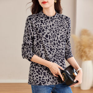 New Womens Half High Collar Base Shirt Spring Autumn Flocking T-Shirt Fashionable Warm Inner Wear Leopard Print Long Sleeve Top