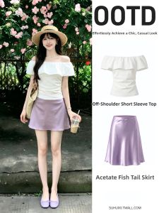 SUHUIQIAN | Purple Acetate Skirt and Off-shoulder Top Set