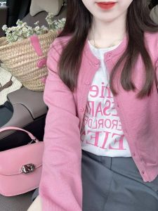 Gray Embroider Knitting Cardigan Female 2024 Spring and Autumn New Arrival Silm Easiest for Match Thin Sweater Coat Short Tops