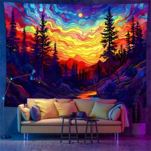VIKAMA UV Reactive Ocean Forest Phong Cảnh Tấm Thảm Ảo Giác Nhiều Màu Sắc Hippie Phát Sáng Treo Tường Cho Phòng Ngủ Ký Túc Xá Trang Trí Nhà Polyester