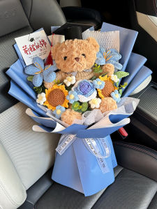 Handmade Knitted Sunflower Mixed Bouquet Artificial Flower Gift for Graduates Doll Doctor Bear Flower Home Decor Accessories