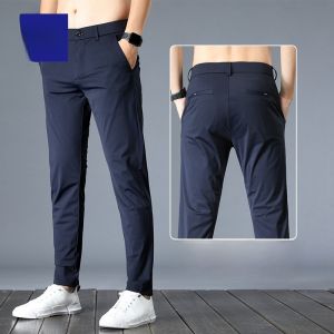 ROMON | Lormen Mens Summer Thin Casual Straight Leg Silk Long Pants Fashionable Business Style Elastic Waist Urban Style Long Trousers