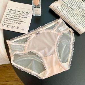 French Lace Underwear Womens Sensual Satin Hollow out Triangle Pants Breathable Mesh mid Waist Butt Covering Innerwear