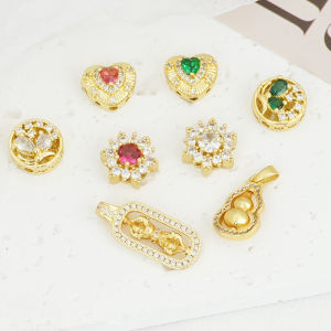 14K Gold Plated Copper Pendant Beads Gourd Shape round Heart Design with Embedded Zirconia Stone for DIY Bracelet Necklace Jewelry Accessories