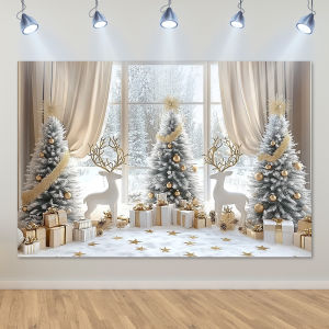 VIKAMA Christmas Snow Scene Tapestry Three Window Forest White Deer Living Room Background Wall Festival Party Room Decoration