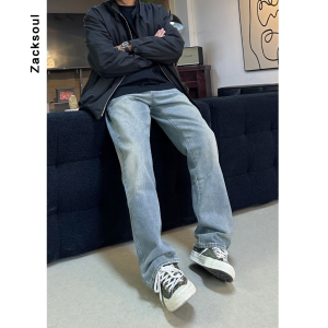 กางเกงยีนส์ทรงตรงสไตล์อเมริกันวินเทจ ทรงหลวม กางเกงขายาวลำลอง ทรงสลิมฟิต กางเกงยีนส์ทรงตรงเอวกลาง ผ้าฝ้ายผสมโพลีเอสเตอร์