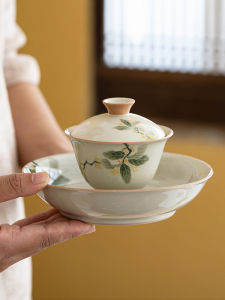 Hand-Painted Ceramic Tea Bowl with Lid Chinese Zen Style Glazed under Color Gongfu Tea Bowl for Home Use Two-Person Serving Non-Scalding