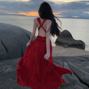 CHANGTONG | Dopamine Boosting Red Backless Long Dress Vacation Style Beautifully Designed Unique Cut Out Back Evening Gown Spring Summer