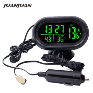 Digital Car Thermometer Temperature Monitor Car Ornament Luminous Clock Voltmeter DC 12V-24V Time Date Dual Display Freeze Alert
