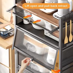 ชั้นวางของ ชั้นวางของในครัว ชั้นวางของอเนกประสงค์ ชั้นใส่ของ ชั้นวางไมโครเวฟ พร้อมตู้เก็บของและประตู สำหรับจาน ไวน์ หม้อและกระทะ โถเ สีดำ - 5 ชั้น